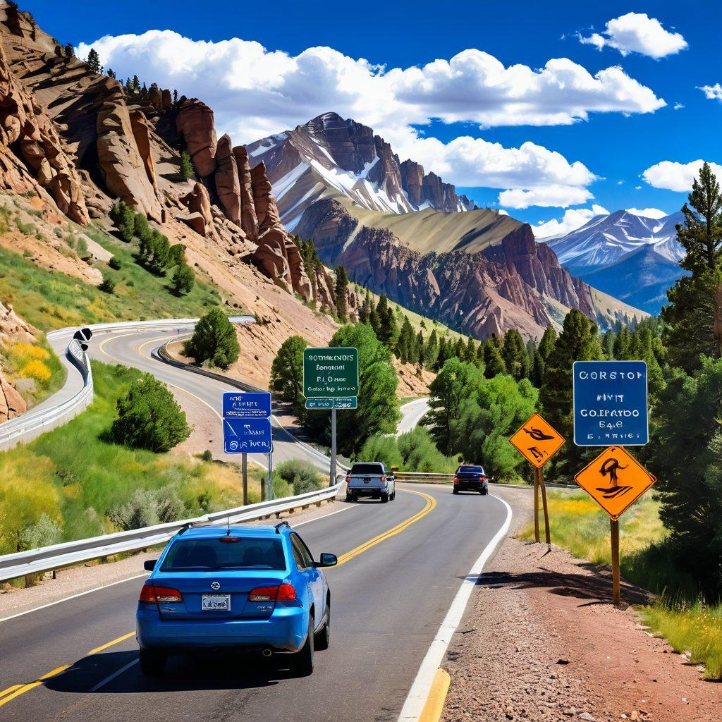 A scenic view of the Colorado mountains framed by a winding highway, with a car navigating the road. In the foreground, display iconic Colorado road signs indicating driving laws and vehicle services. Include a friendly police officer offering guidance and a mechanic's garage with tools visible. The sky is bright blue with fluffy clouds, capturing the essence of a sunny Colorado day. super-realistic. vibrant colors. 3D.
