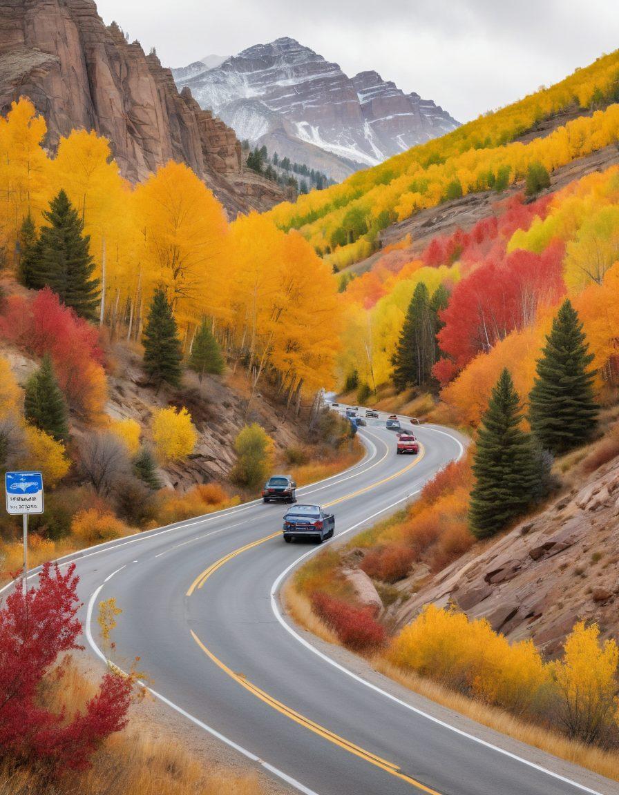 A scenic Colorado landscape featuring a winding road lined with colorful autumn trees, a car driving smoothly along the route. Include elements like a road sign indicating vehicle registration information and drivers discussing safety tips beside their vehicles. The image should evoke a sense of safety and tranquility, blending natural beauty with practical life. super-realistic. vibrant colors. white background.