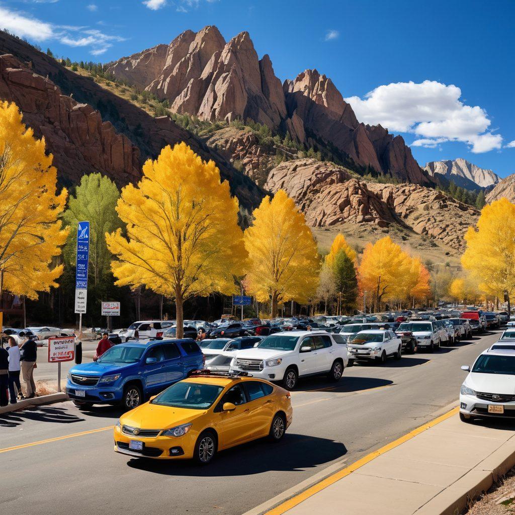 A scenic view of the Colorado DMV office surrounded by beautiful Rocky Mountains, featuring a line of diverse people engaging in vehicle registration, with highlighted road safety signs, and a friendly staff assisting them. The image should embody a sense of community and help, showcasing clear blue skies and vibrant autumn colors in the surrounding trees. super-realistic. vibrant colors.